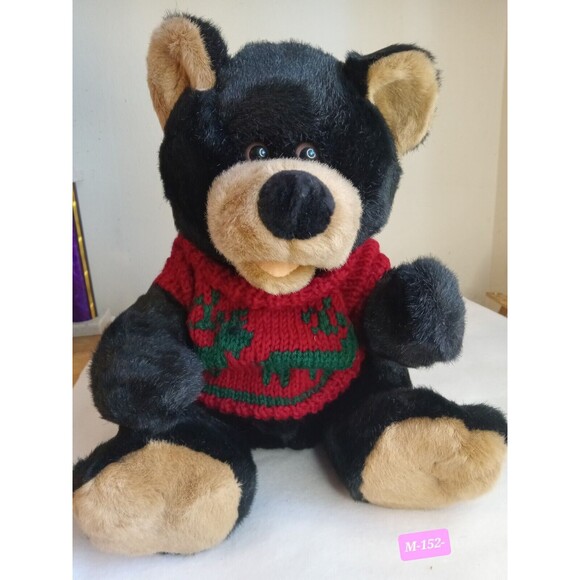 People Pals Sitting Black Bear Christmas Reindeer Knitted Sweater Plush Toy 12 " - Picture 1 of 6